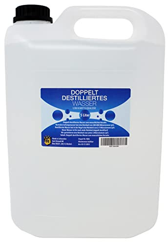 Doppelt destilliertes Wasser 5 L | hoher Reinheitsgrad von 2 Mikrosiemens | Reinstwasser | zum Trinken und Kochen geeignet | geschmacksneutral | hochrein | keim- und chlorfrei