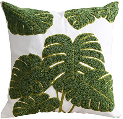 Hodeco Kissenbezug mit Stickerei, tropisches Blatt, Monstera-Blätter, Schlaufenpflanze, Bodenkissenbezug für Couch, 100% Baumwolle, dekorativer Kissenbezug, Heimdekoration, 45 x 45 cm, 1 Stück
