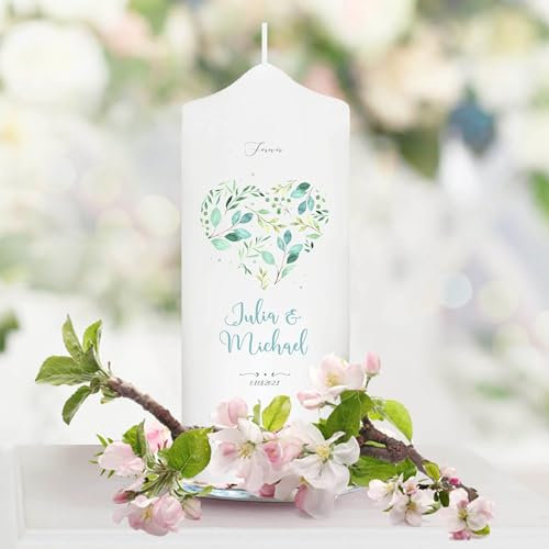 Wandtattoo Loft Hochzeitskerze personalisiert mit Namen, Datum und Herz Motiv aus Blättern, 18cm x 7cm, personalisierte Gastkerze, Traukerze Hochzeit Kerze selbst gestalten, Hochzeitsgeschenk