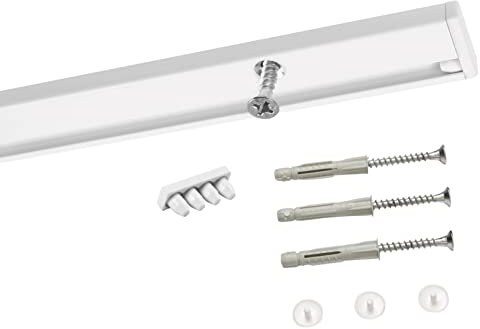 Deco-Raum Gardinenschiene auf Maß Aluminium 1-läufig vorgebohrt Vorhangschiene Deckenbefestigung für Schiebevorhang Vorhang Gardinen mit Befestigungsmaterial weiss 150 cm Minimal