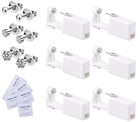 Voarge 6 Stück Ohrlochstechpistole, Einweg-Steril-Sicherheits-Ohrnasen-Piercing-Pistolen-Kit Schmerzfreies Selbst-Piercing-Werkzeug mit Ohrstecker-Asepsis-Pierce-Kit, Drei Formen, silber