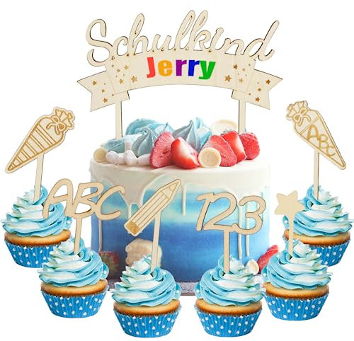 7 Stk Cake Topper Schulkind Holz, Tortendeko Einschulung, Schulanfang Cupcake Toppers, ABC 123 Kuchendeko, Schulkind Torten Topper für Mädchen Junge Schuleinführung Party Deko