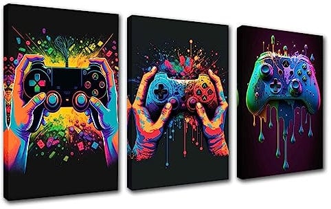 Walarky Game Controller Canvas Wall Art Watercolor Picture Decor Funny Style Colorful Painting Prints Poster Boys Room Office Workplace Home Decor Modern Artwork Stretched Easy to Hang 42''Wx20''H