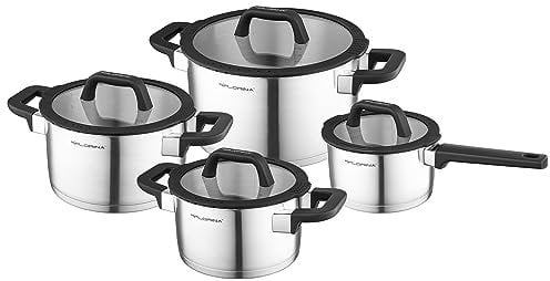 FLORINA CHEF Set de 8 Piezas de Ollas de Acero Inoxidable I Ollas con Tapa Multifunción I Vaso Medidor I Fondo de 5 Capas I Apto para Lavavajillas I Inducción, Gas y Eléctrica