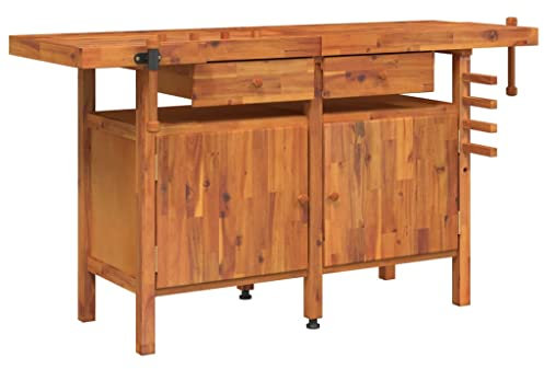 Hobelbank aus Holz, Werkbank Werktisch Arbeitstisch Tischlerbank Holzwerkbank, mit Schubladen, Schraubstöcken, Stoppern und Holzstäbchen, (154-162) x (54-62) x 83 cm Braun