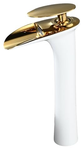 Mitigeur Salle de Bain Cascade: Robinet de Lavabo Blanc et Or - Robinet Haut pour Vasque - Robinettrie en Laiton SHUNLI