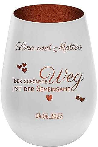 mtb more energy Windlicht mit Gravur Love für Paare - Außen Weiß/Innen Bronze - personalisierbar - Verschiedene Motive auswählbar - Höhe 12 cm - Geschenk Teelichthalter Liebe