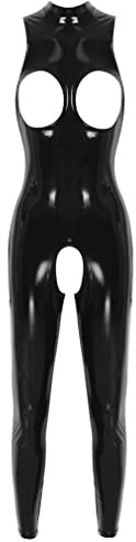 FEESHOW Frauen Lackleder Body Wetlook Catsuit Brust Und Schritt Offen Jumpsuit Latex Rubber Gummi Ganzanzug Party Clubwear A_Schwarz M