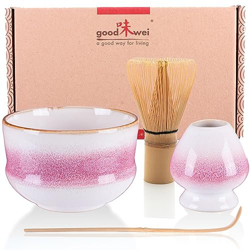 Goodwei Matcha Kit | Bol Matcha Artisanal Chawan, Cuillère e Fouet à Matcha avec Support de Fouet en Céramique au design assorti | Service à Thé Japonais (Kiku, 80)