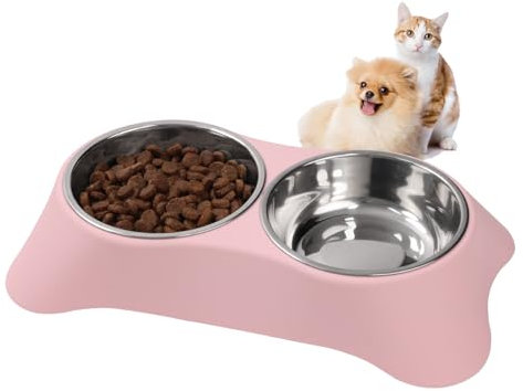 DOKI Double Dog Bowl, Removable Double Stainless Steel Bowls for Food and Water, Pet Bowls with Non-Spill for Small Dogs and Cats(Pink)