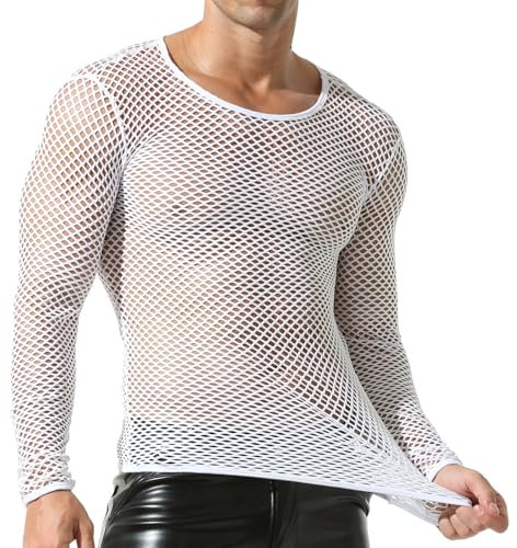 QiaTi Men's See Through T-Shirts Mesh Tops Fishnet Shirt Round Neck Undershirts Long Sleeve White