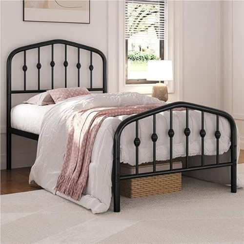 Yaheetech Cadre de Lit en Métal avec Tête de Lits 1 Personne Couronne 90x190cm Lits Modernes avec Sommier à Lattes Noir