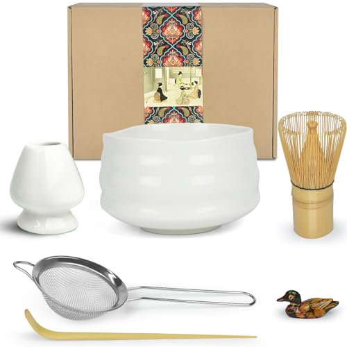 Artcome Matcha Ceremony Kit for Japanese Tea Ceremony, Traditional Matcha Bowl, Whisk, Tea Scoop, Matcha Powder Strainer, Matcha Tea Set for Making Usucha, Koicha and Matcha Latte (White)