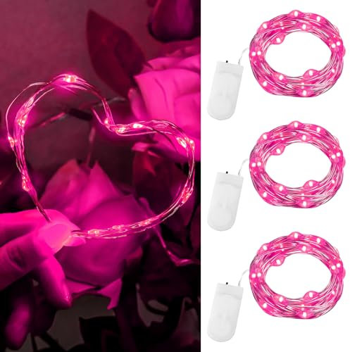 Dalugo Lichterkette Batterie Valentinstag 2m 20 LED Rosa Lichterkette mit Batterie, Mini Rosa Lichterkette für Tüllrock, Hochzeitstag, Schlafzimmer [3 Stück]