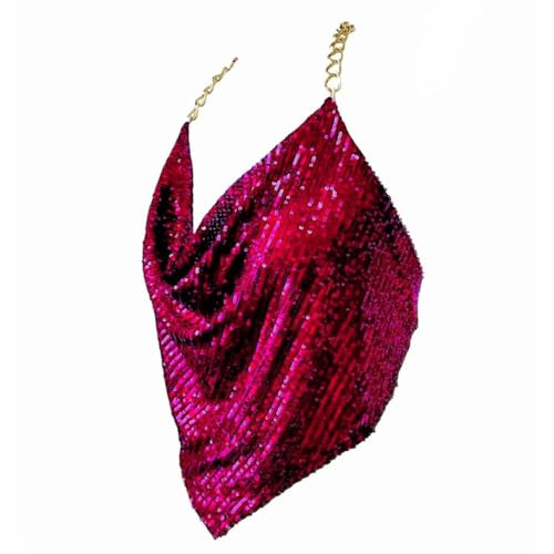 Top Sexy da Donna con Scollo a V Scintillante e Profondo Scollo a V, Canotte con Catena per Il Corpo, Paillettes Fucsia, M