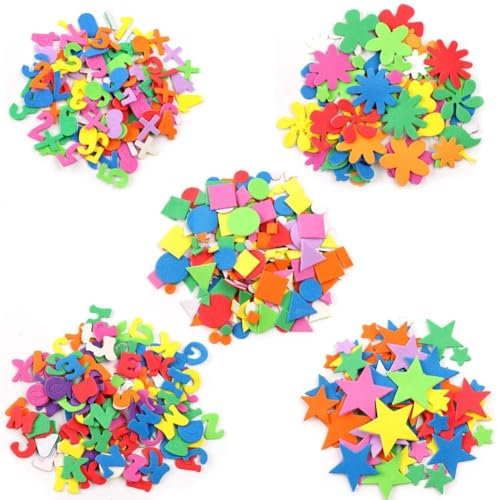 Pegatinas de Espuma EVA - 710 PCS Autoadhesivas para Manualidades, Letras, Fiestas, Niños, Artes, Tarjetas, Álbumes de Recortes - 5 Patrones, Tamaños y Formas