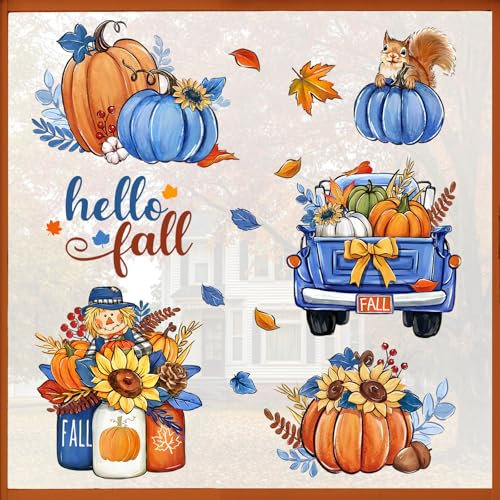 Mfault Hello Fall Blue Pumpkin Window Clings 4 Sheets, Autumn Truck Mason Jar Sunflower Stickers Decals Decorations, Maple Leaves Squirrel Scarecrow Seasonal Home Kitchen Decor