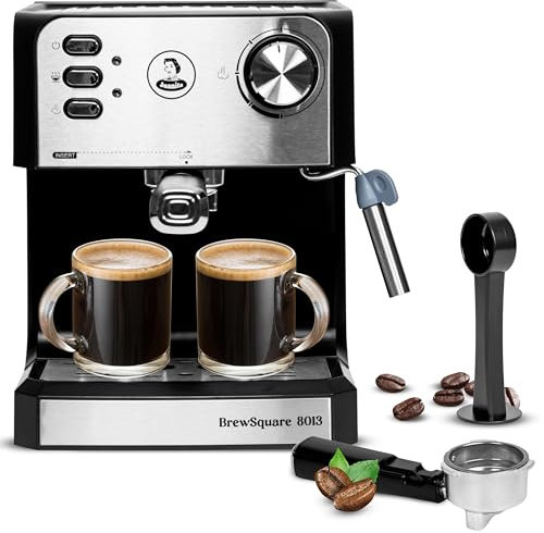 Juanita Cafetera Espresso BrewSquare 8013 Semiautomática – 20 Bares – 850W – Depósito 0,8L – Brazo Vaporizador y Doble Salida – Compatible con Café Molido – Compacta y de Acero Inoxidable