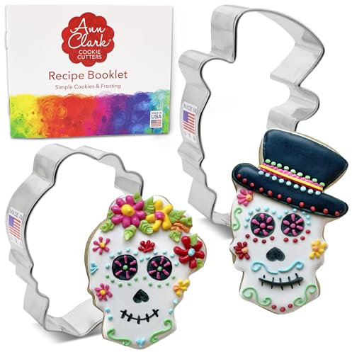 Set di 2 formine per biscotti a forma di teschio di zucchero, realizzate negli Stati Uniti da Ann Clark, teschio di zucchero con fiori e teschio di zucchero con cappello a cilindro