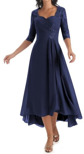 HPPEE Lace Applique Plus Size Mother of the Bride Dresses for Wedding Chiffon Tea Length Navy Blue Formal Dress with Sleeves Evening Gown UK20