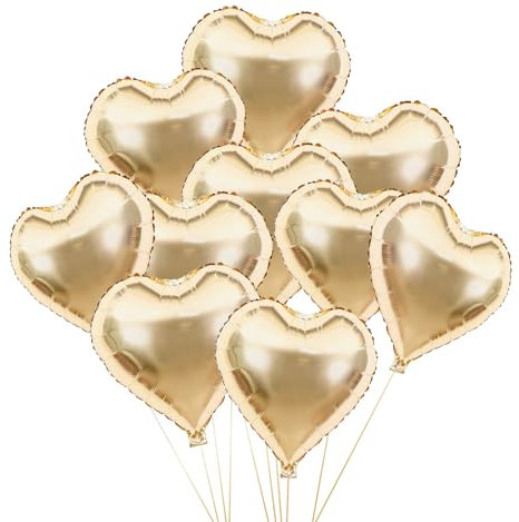 Yumcute Gold Heart Balloons, 10pcs Gold Foil Heart Shaped Balloons, 18inch Love Heart Balloons Helium for Baby Shower Valentines Day Birthday Anniversary Wedding Party Decorations
