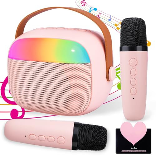 UCAMP Karaoke 2 Microfonos Inalambricos,Karaoke Infantil con Efectos de Cambio de Voz y Luces LED para Fiestas,Micrófono Karaoke Infantil Juguetes Regalo Niño 3-12 Años(Rosa)