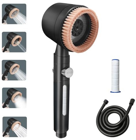 Massagedusche, Handbrause mit reinigender Massagefunktion, wassersparender Duschkopf, wassersparender Duschkopf mit 1,5 m Schlauch und 2 Filtern, 5 Auslaufformen (Metallic Grau)
