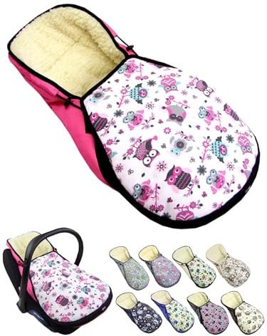 Fußsack für Babyschale [Winterfußsack] für Kinderautositz kompatibel mit Maxi Cosi Babyschalen Gruppe 0+ Lammwolle Sitzauflage verstellbar (Eule 1)