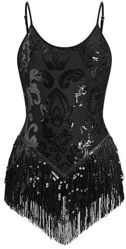 FYMNSI Damen Pailletten Latein Tanz Body Rave Outfit Ballettbody �rmellos Glitzer Gymnastikbody Quaste Bodysuit Damenbody Stringbody Trikot Leotard Overalls Turnanzug Ballettanzug Schwarz M