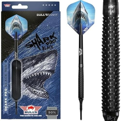 BULL'S Shark Pro Black 90% Tungsten Softtip Dart - 20g | Gerades Barrel mit Shark Grip