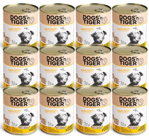 Dogs’n Tiger Adult Premium Nassfutter für Hunde, Mahlzeit, Hunde Nassfutter, tiergerechte Rezeptur mit 67% Fleischanteil an Huhn, Leinsamenöl & Kräuter – ohne Zucker & künstliche Aromen, 12x 800g