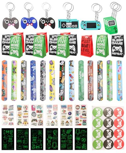 45 PCS Jeu Vidéo Fournitures de Fête Enfants,Cadeau Invite Anniversaire Enfant, avec Jeux Porte Clés Bracelet, Sachet Bonbons, Tatouage Enfant, Pour Garçons Filles Cadeaux d'Anniversaire