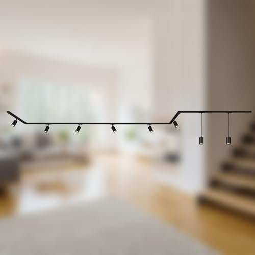 BRILONER - Schienensystem Rail Komplettset, 6x GU10 Spots schwenkbar, 2x GU10 Pendel, Cap-Form/Stairs-Form, Lichtschienensystem Decke, Strahler Schiene, Deckenlampe, Spotlight, 5,25m, Schwarz