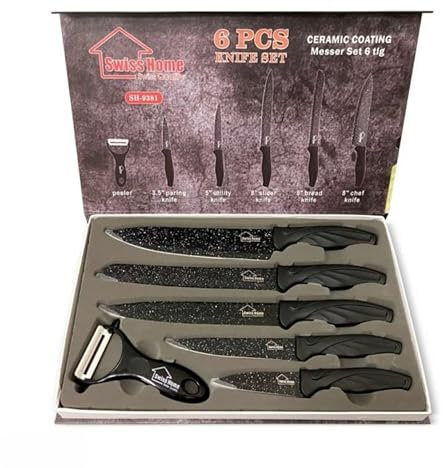 Set Coltelli da Cucina 6 Pezzi con Rivestimento Ceramico, Lame Ultra-Affilate Antiaderenti e Pelapatate Incluso per Taglio Preciso e Uso Professionale.