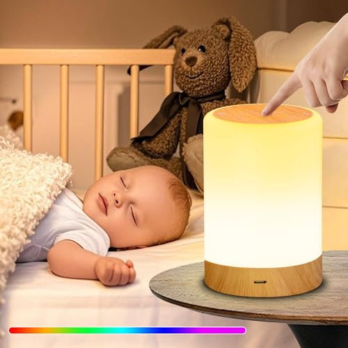 Lampara de Mesita de Noche Tactil Regulable, 256 RGB Colores, USB Recargable, Temporizador, Luz Nocturna para Bebe y Niños, Regalo Ideal para Dormitorio