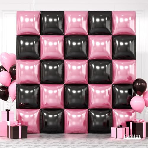 Pearl Pink and Black Square Foil Balloon Wall,19 Inches Double Sided Chrome Square Balloons Tunnel Arch Kit for Birthday,Bridal,Bachelorette,Anniversary Party Background Decorations