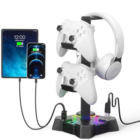 Multi-Device Charging Station with RGB Lighting Headset Stand, USB Hub Compatible with PS5/PS4/Xbox/Switc Pro Controllers & Headse (Black)