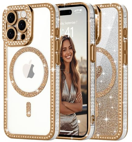Ethanger Magnetic Glitter Case for iPhone 15 Pro, Bling Border, Gold | Compatible with MagSafe, Sparkle Rhinestone Border, with Removable Glitter Insert, Protective Shockproof for Women Girls