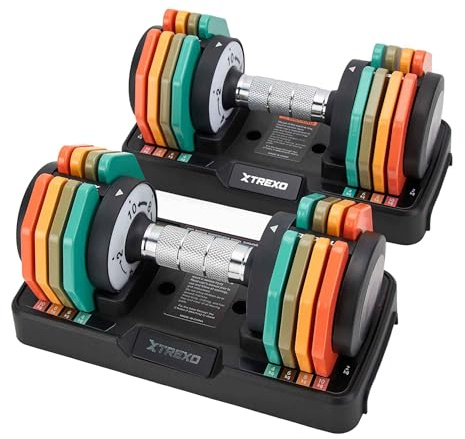 XTREXO MULTICOLOR Verstellbare Hantelset 2x 10 kg Kurzhanteln aus Stahl mit rutschfestem Griff Ideal für das Krafttraining zu Hause und im Fitnessstudio Verstellbare Hanteln mit stabilem Standfuß