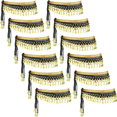 Zhanmai 12 Pcs Belly Dance Hip Scarf 98 Coins Chiffon Belt, Black