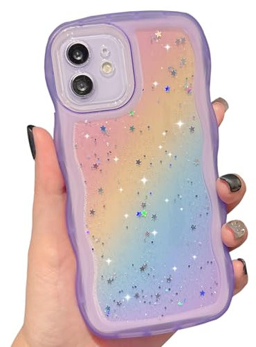ZTOFERA Glitter Case for iPhone 11 (6.1), Cute Wave Frame Curly Luxury Case Girly Sparkle Bling Stars Aesthetic Design Clear Shockproof TPU Soft Bumper Protective Back Cover, Rainbow Purple