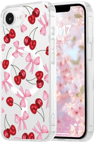 DEFBSC Magnetic Case for iPhone 17e/16e Cute Clear Bow,Red Cherry | Compatible with Magsafe,Pink Ribbon Bowknot Aesthetic Print Phone Case Slim Shockproof Protective Bumper Cover for Women Girl
