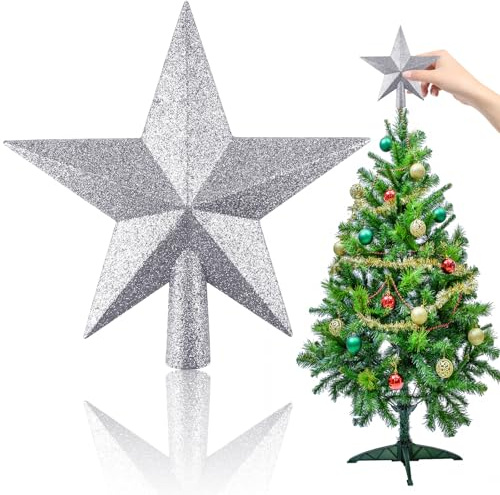 PLULON Mini-Weihnachtsbaumspitze in glitzerndem Silberstern, 11 cm, kleine Weihnachtsbaumdekoration, Baumspitze, bruchsicher, Weihnachtsschmuck, für Zuhause, Bar, Geschäft, Büro, Feiertagsparty