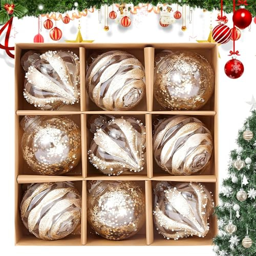 9pcs Glass Baubles for Christmas Tree Decorations, White Baubles For Christmas, Clear Glitter baubles for crafting, Xmas Tree Ornaments Shatterproof Balls(Champagne Gold)