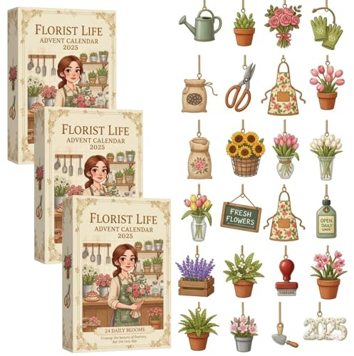 Florist Life Adventskalender 2025, 24 Tage Blumen-Themen-Countdown, Mini-Blumenornamente, Geschenk-Set für Gärtner, Floristikliebhaber & Ferienhausdekoration (3 Stück)
