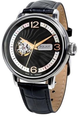 Poljot-International Herrenarmbanduhr Automatik Jaros Open Heart Schwarz | Herrenuhr mit mechanischem Uhrwerk, Automatikuhr für Männer, Designer-Armbanduhr mit Guillochierung, Limited Edition Uhr