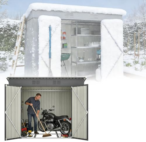RRrawgff Cobertizo de Jardín Exterior 8x4ft, Metálico Caseta de Jardín con Puerta y Ventilación, Cobertizo de Almacenamiento con Techo, Caseta Metal para Herramientas Terraza Patio (242x126x182 cm)