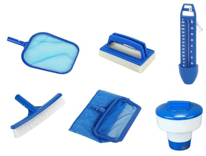 SPIDO - Destockage - Kit Entretien Piscine - Kit Nettoyage Piscine avec Épuisette, Brosse, Diffuseur Chlore, Thermomètre et Kit Aspiration Manuel (Kit Entretien)