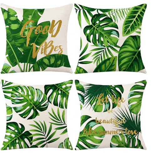 Trlyane 4er Set Outdoor Kissenbezüge 45 x 45 cm, Monstera-Blätter | Strapazierfähiges Leinen, Verdeckter Reißverschluss, Pflegeleicht, für Sofa, Balkon, Terrasse, Garten und Wohnzimmer