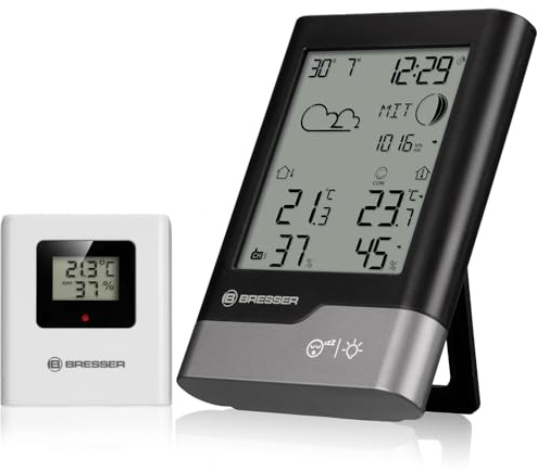 Bresser Wetterstation Funk mit Außensensor, schwarz grau, DCF Uhr | Innen und Außentemperatur, Luftfeuchtigkeit, Wettervorhersage, Luftdruck, Raumklima, Frostwarnung, Mondphase